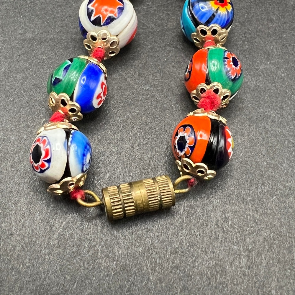 Vintage Venetian Millefiori Glass Beaded Necklace Hand Knotted 24" - Picture 5 of 10